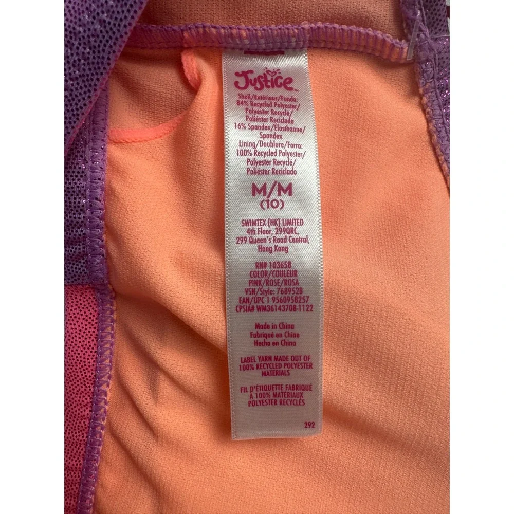 Justice Girls Pink Squiggle Colorblock Bikini Top Metallic Shimmer Size M 10 NEW